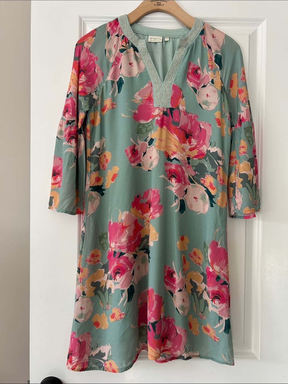 Spartina Mint Green Mini Dress w Florals Sz XS w MEASUREMENTS Bell Sleeves